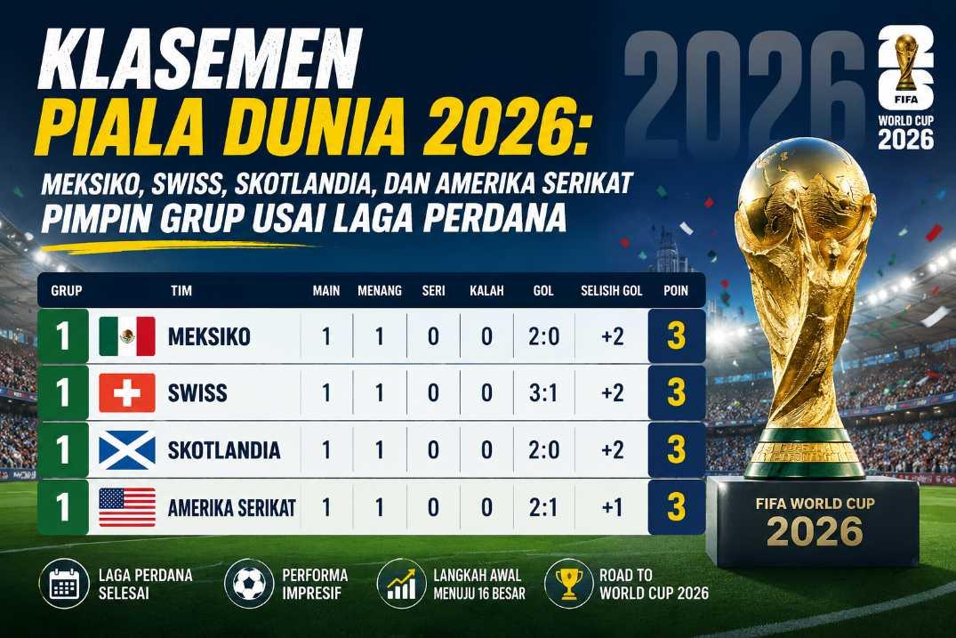 Klasemen Piala Dunia 2026: Meksiko, Swiss, Skotlandia, dan Amerika Serikat Pimpin Grup Usai Laga Perdana