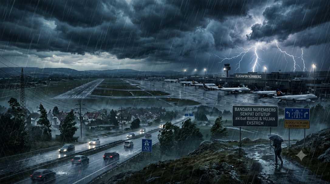 Badai Dahsyat Terjang Jerman Selatan, Banjir Lumpuhkan Bandara Nuremberg dan Ribuan Rumah Padam Listrik