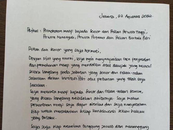  Begini Isi Surat Minta Maaf Ferdy Sambo kepada Sejawat Polri