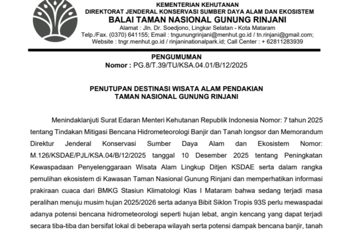  Pendakian Gunung Rinjani Ditutup Sementara Awal 2026, Ini Alasannya